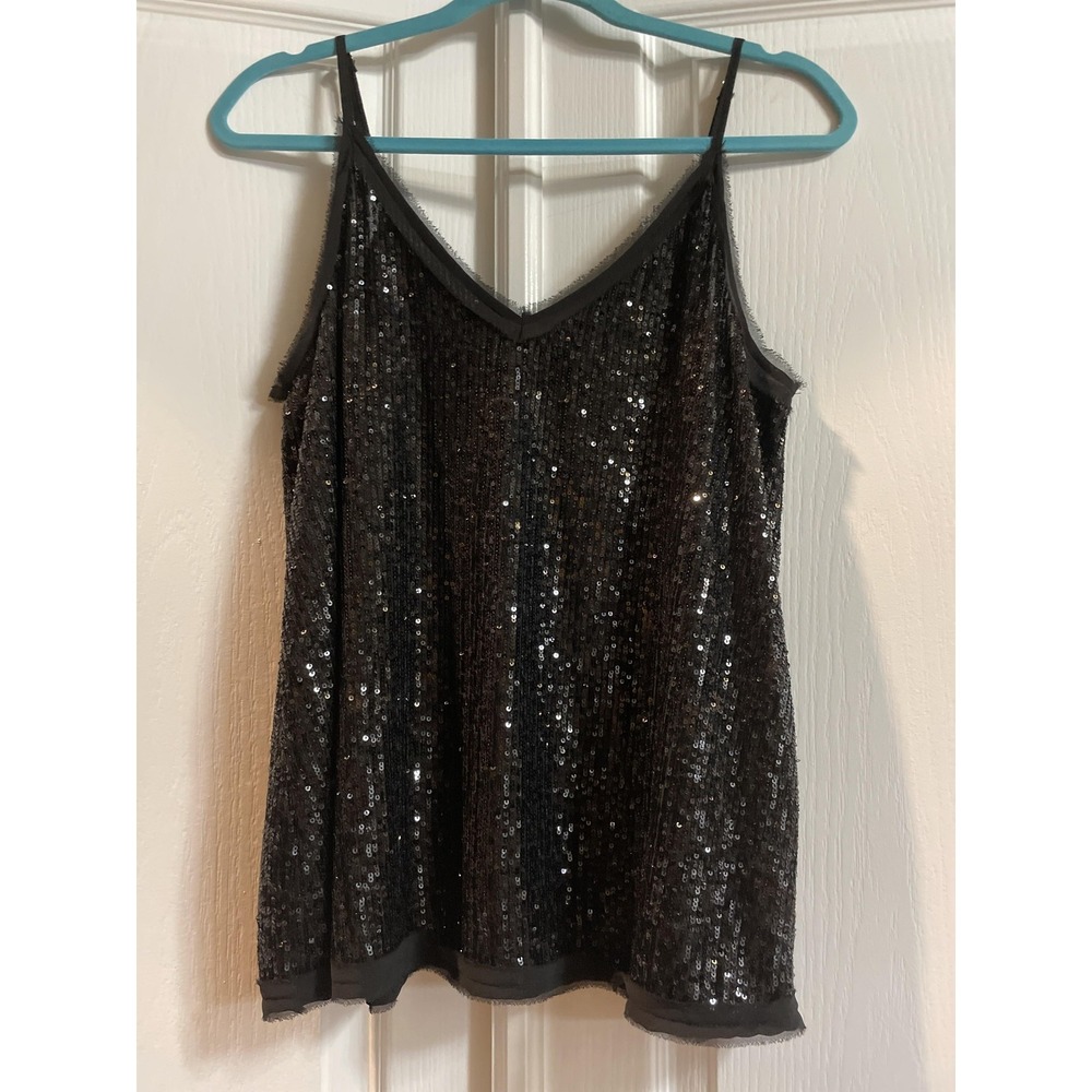 A New Day Sequin Tank Top Womens Medium Black V Neck Camisole Lined Party